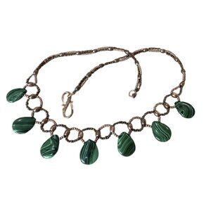 Vtg Green Malachite Beaded Necklace Copper Seed Beads Handmade Teardrop Stones